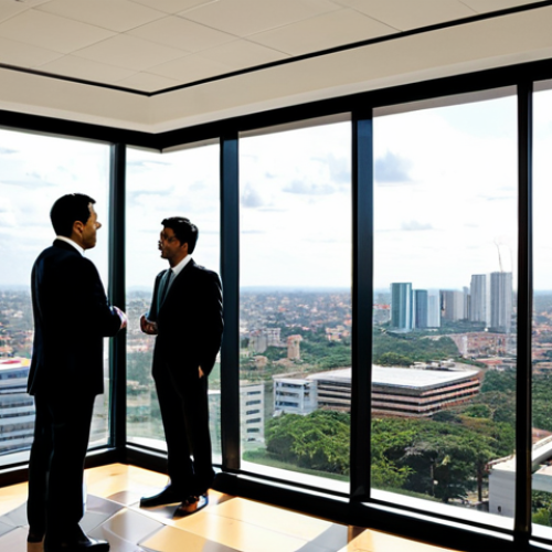Home 4 A diverse group of professional businesspeople, fully clothed in modest business suits and appropriate attire, engaged in a discussion within a sleek, modern corporate office. Through large windows, a vibrant city skyline of Asunción, Paraguay is visible, showcasing contemporary architecture, new high-rise buildings, and clear signs of urban development and economic growth under a bright sky. The scene conveys prosperity and opportunity, safe for work, appropriate content, perfect anatomy, natural pose, correct proportions, well-formed hands, professional photography, high quality, family-friendly.