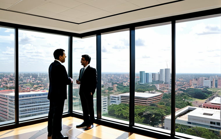 A diverse group of professional businesspeople, fully clothed in modest business suits and appropriate attire, engaged in a discussion within a sleek, modern corporate office. Through large windows, a vibrant city skyline of Asunción, Paraguay is visible, showcasing contemporary architecture, new high-rise buildings, and clear signs of urban development and economic growth under a bright sky. The scene conveys prosperity and opportunity, safe for work, appropriate content, perfect anatomy, natural pose, correct proportions, well-formed hands, professional photography, high quality, family-friendly.