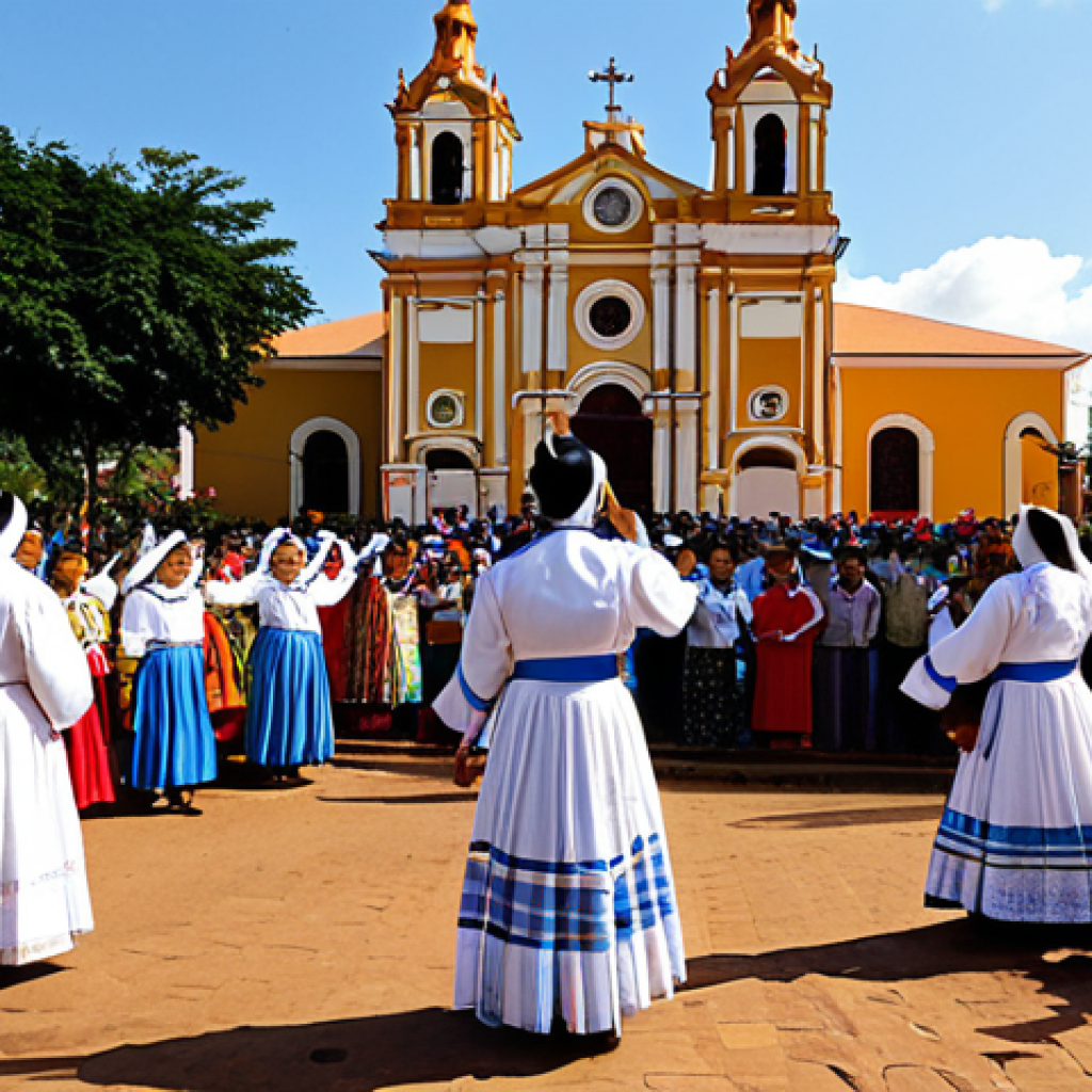 **

A vibrant scene depicting a religious festival in Paraguay, showcasing the blending of indigenous and Catholic traditions. People in traditional clothing are celebrating with music and dance in front of a beautifully decorated church. Safe for work, appropriate content, fully clothed, modest attire, family-friendly, perfect anatomy, correct proportions, natural pose, professional photography, high quality.

**