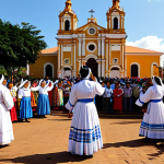 **

A vibrant scene depicting a religious festival in Paraguay, showcasing the blending of indigenous and Catholic traditions. People in traditional clothing are celebrating with music and dance in front of a beautifully decorated church. Safe for work, appropriate content, fully clothed, modest attire, family-friendly, perfect anatomy, correct proportions, natural pose, professional photography, high quality.

**