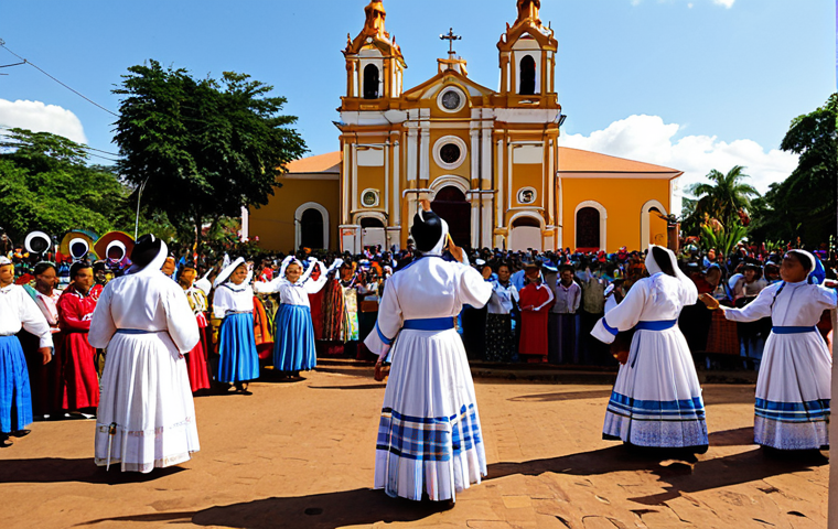 **

A vibrant scene depicting a religious festival in Paraguay, showcasing the blending of indigenous and Catholic traditions. People in traditional clothing are celebrating with music and dance in front of a beautifully decorated church. Safe for work, appropriate content, fully clothed, modest attire, family-friendly, perfect anatomy, correct proportions, natural pose, professional photography, high quality.

**