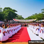 파라과이 한인 교회 및 공동체 - A vibrant cultural festival scene in Paraguay featuring a Korean community celebrating together. Inc...
