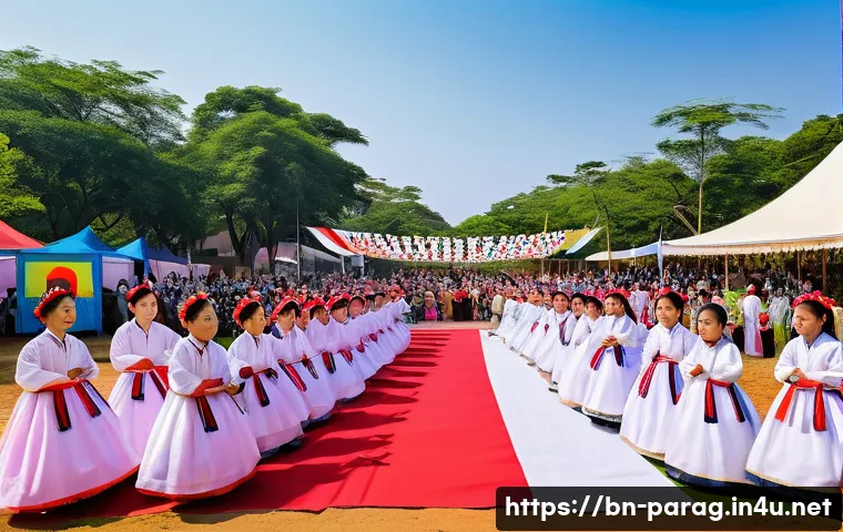 파라과이 한인 교회 및 공동체 - A vibrant cultural festival scene in Paraguay featuring a Korean community celebrating together. Inc...