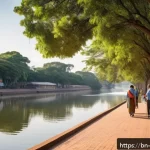 파라과이에서 살기 좋은 도시 - A serene morning scene in Santa Ana de Parana, Paraguay, showing a quiet riverside walkway lined wit...