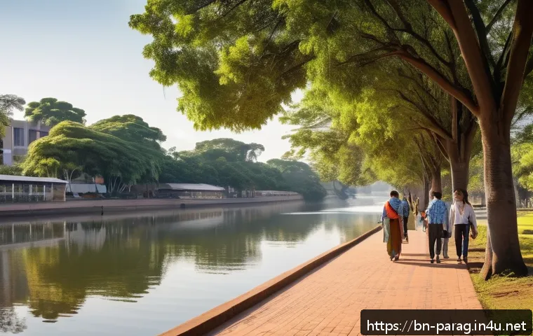파라과이에서 살기 좋은 도시 - A serene morning scene in Santa Ana de Parana, Paraguay, showing a quiet riverside walkway lined wit...