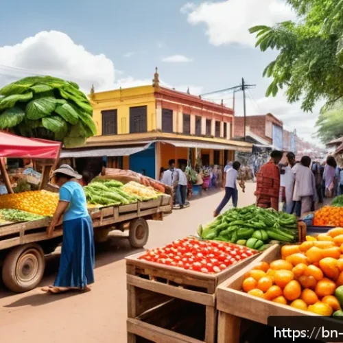 파라과이 물가 및 생활비 - A bustling Paraguayan local market scene in Asunci&oacute;n, featuring vibrant stalls filled with fresh veg...