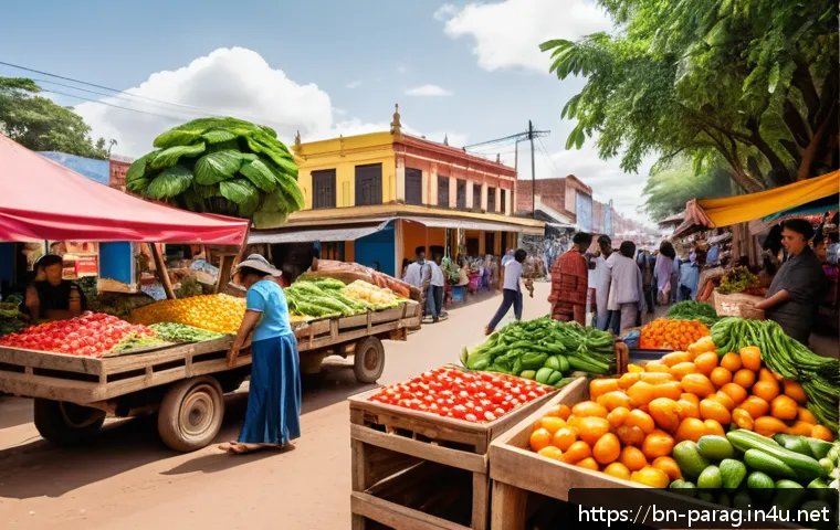파라과이 물가 및 생활비 - A bustling Paraguayan local market scene in Asunci&oacute;n, featuring vibrant stalls filled with fresh veg...