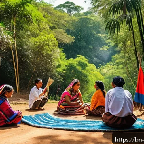 파라과이 원주민 문화 - A vibrant scene depicting indigenous Paraguayan people celebrating a seasonal festival outdoors, sur...