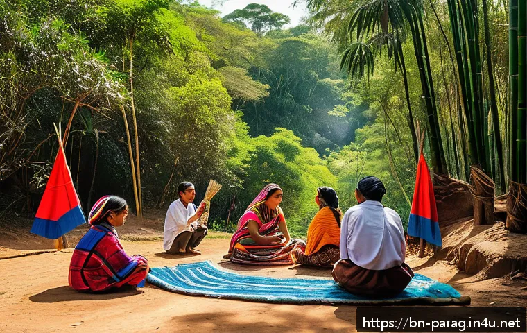 파라과이 원주민 문화 - A vibrant scene depicting indigenous Paraguayan people celebrating a seasonal festival outdoors, sur...