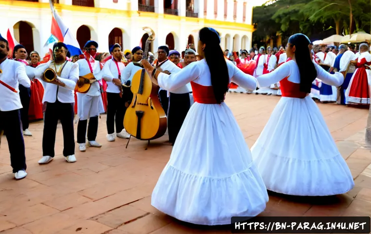 파라과이 특별한 기념일 및 축제 - Photorealistic Paraguay Independence Day celebration in a sunlit colonial plaza, Paraguayan families...